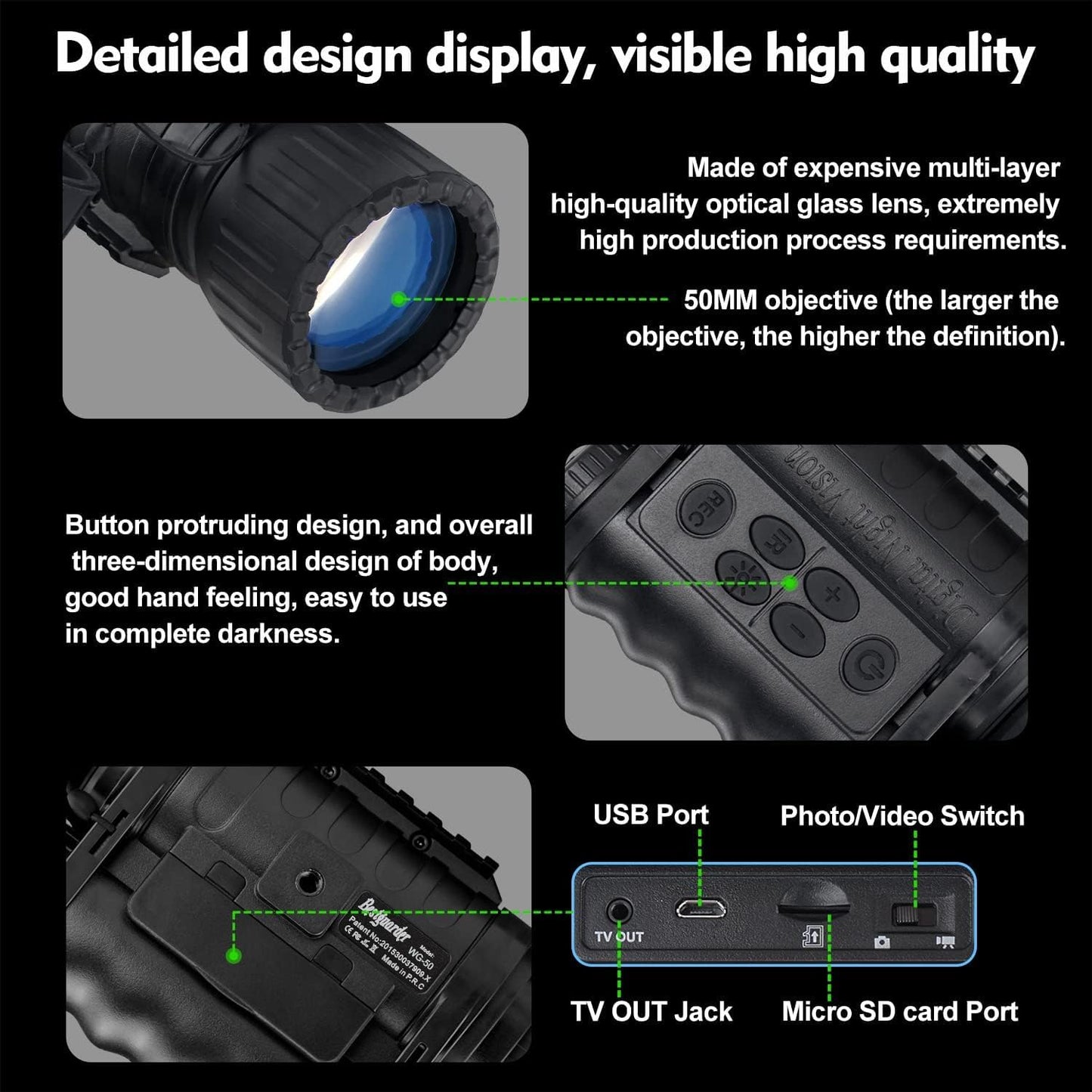 True Night Vision Monocular for Adults, IR Illuminator for Complete Darkness, High Sensitivity COMS Sensor Digital Night Goggles Night Vision Binoculars WG-50