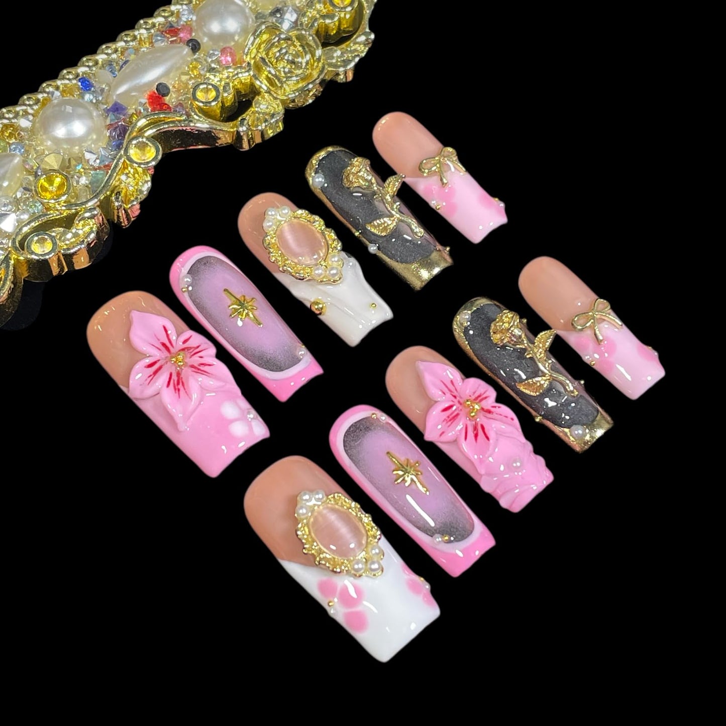 Handmade Press on Nails 3D Floral - Pink Nude Vintage Gold Rose & Pearl Design, Medium Long Square False Nails Reusable Acrylic Fake Nails (Mist Pink, M)