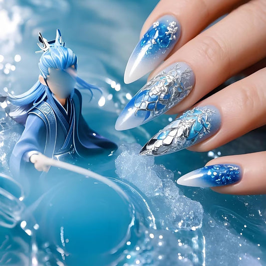 CJDLTS Almond press on Nails Medium Length White Blue Gradient False Nail Dragon Scale Pattern Design Full Cover Artificial Acrylic Nail Press Ons Reusable Stick on Nails for Women 24Pcs