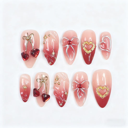 Medium Almond Press on Nails for Women, Fake Nails with Heart & Gold Bow Artificial Stick on Nails