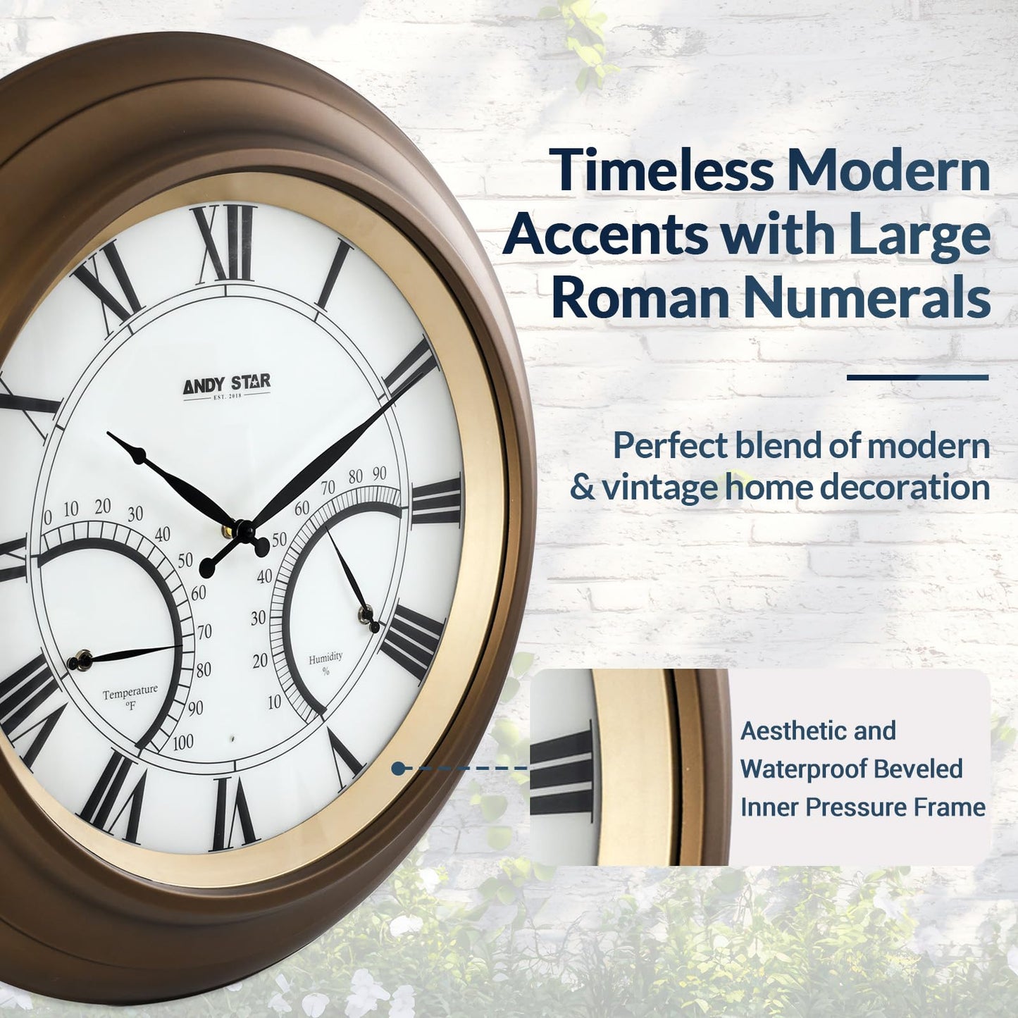 ANDY STAR 24 Inch Outdoor Clocks Waterproof,Large Outdoor Wall Clocks for Patio with Thermometer Combo, Silent Weatherproof Illuminated Metal Clock Battery Operated with Thermometer&Hygrometer, Bronze