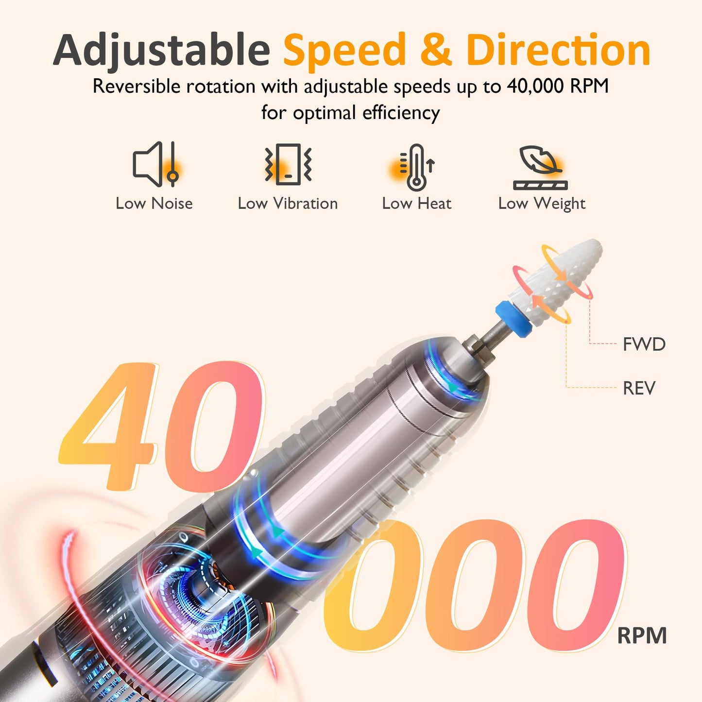 Sunvivi Professional Electric Nail Drill 40000RPM, Portable & Rechargeable Cordless Nail File Machine with 11 Drill Bits for Acrylic Nails Shaping, Polishing & Removing Gel Nails Home & Salon Use
