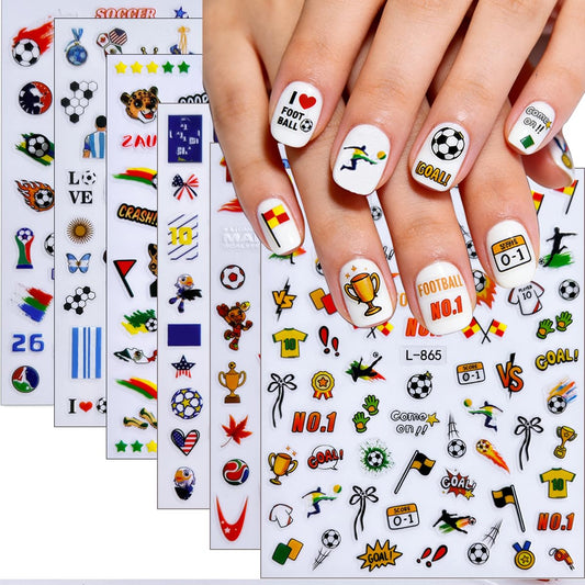 Soccer Game Nail Stickers 6 Sheets - Team Colors & Soccer Elements Design, Self-Adhesive Nail Art Decals for Women, DIY Manicure Supplies