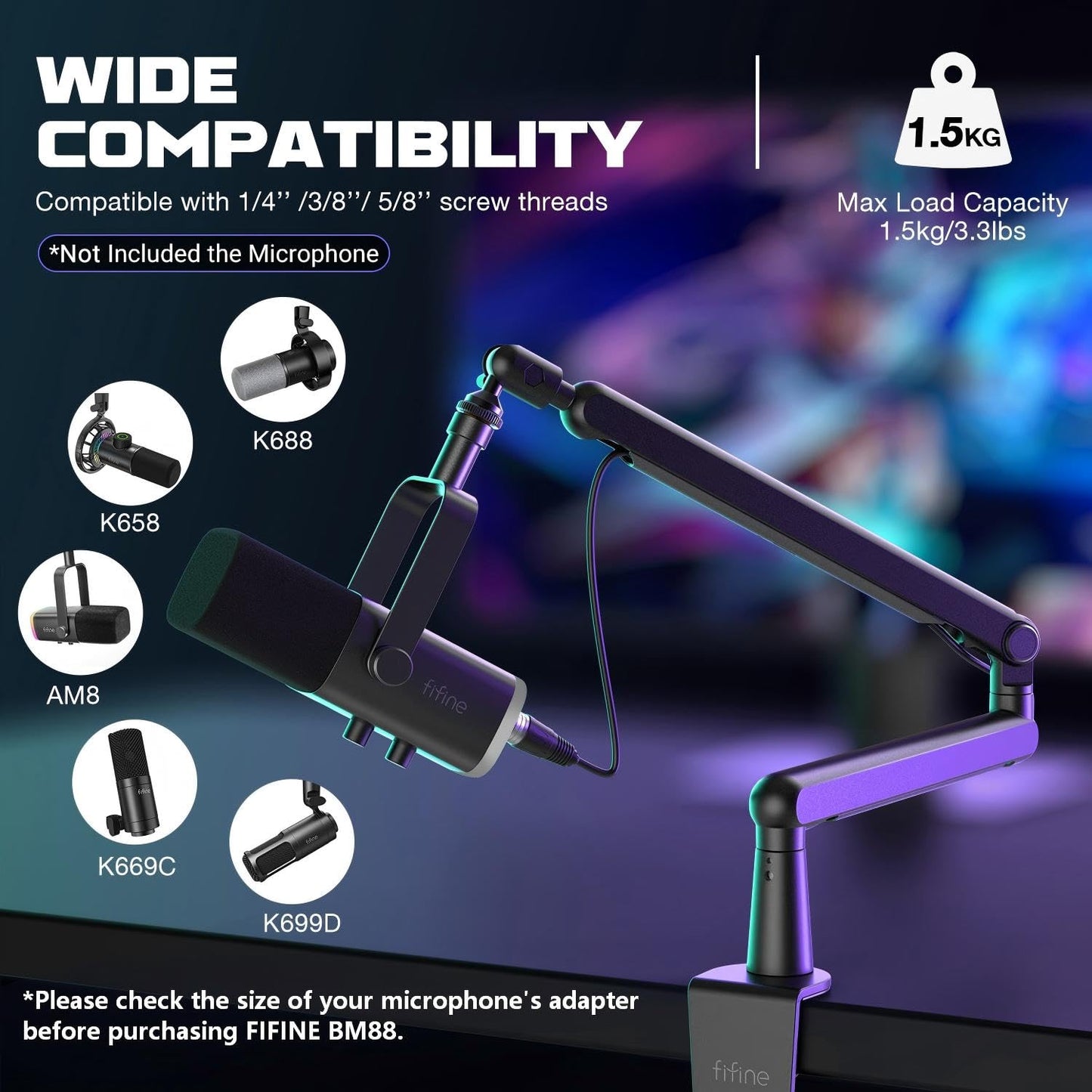 FIFINE Microphone Boom Arm, Low Profile Adjustable Stick Microphone Arm Stand with Desk Mount Clamp, Screw Adapter, Cable Management, for Podcast Streaming Gaming Studio-BM88