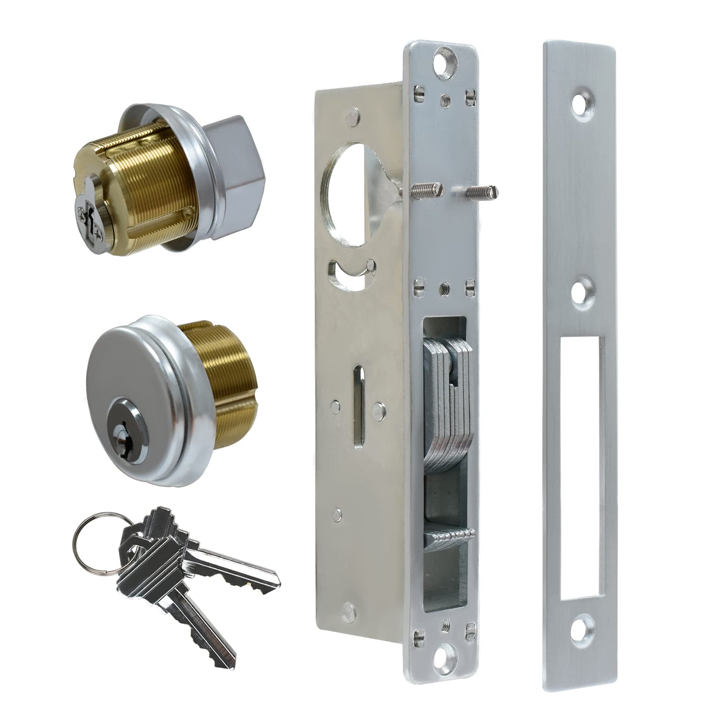 Storefront Door Mortise Lock Set, Commercial Aluminum Mortise Lock with Hook Deadbolt & Solid Brass Cylinder, Keyed, 1-1/8" Backset,Silver