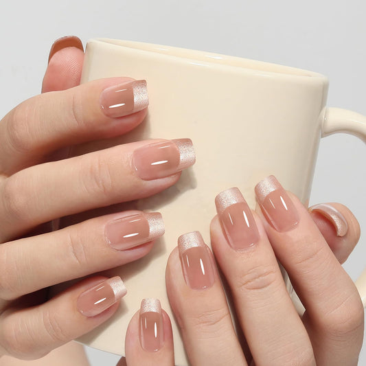Press on Nails Short Square French Tip 2 Pack, Nude Pink|Caramel Brown Nail Press ons with Gold Glitter - 60Pcs Stick on Nails Kit, Reusable False Nails for Women (L2270_2091)