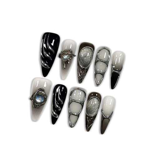 Hantyer Gothic Press on Nails with Tools Kit, 10pcs Long Stiletto Glossy Nails in Black & Metallic Silver, Hand-Painted 3D Art & Round Cat Eye Charms, Edgy Style for Concerts & Parties (Size M)