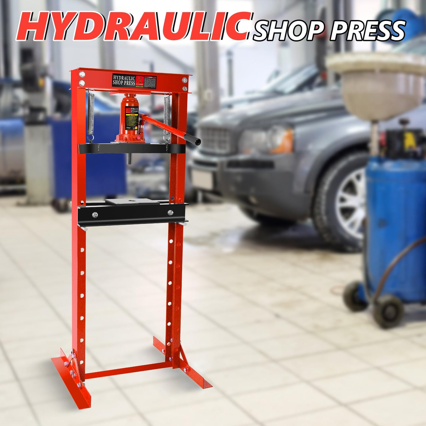 Hydraulic Shop Press,12 Ton H-Frame Garage Floor Adjustable Shop Bearing Press with Stamping Plates to Bend, Straighten, Or Press Parts, Install Bearings & U-Joints