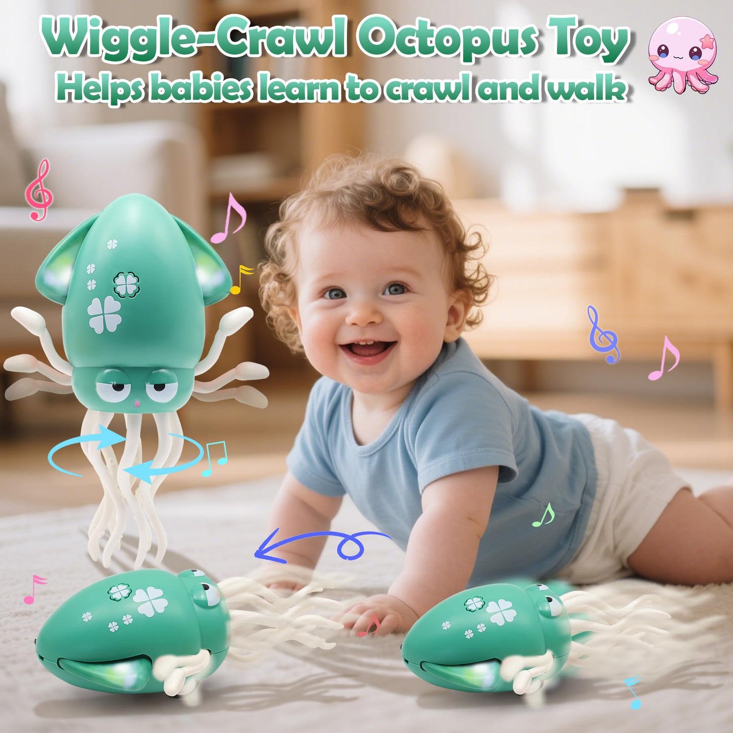 Pbooo Magic Dancing Octopus Toy, Electric Crawling with LED Lights and Music, Rechargeable Music Squid Baby Toy for 1-6 Year Olds, Tummy Time and Toddler Walking Toy, Birthday Gift, Green