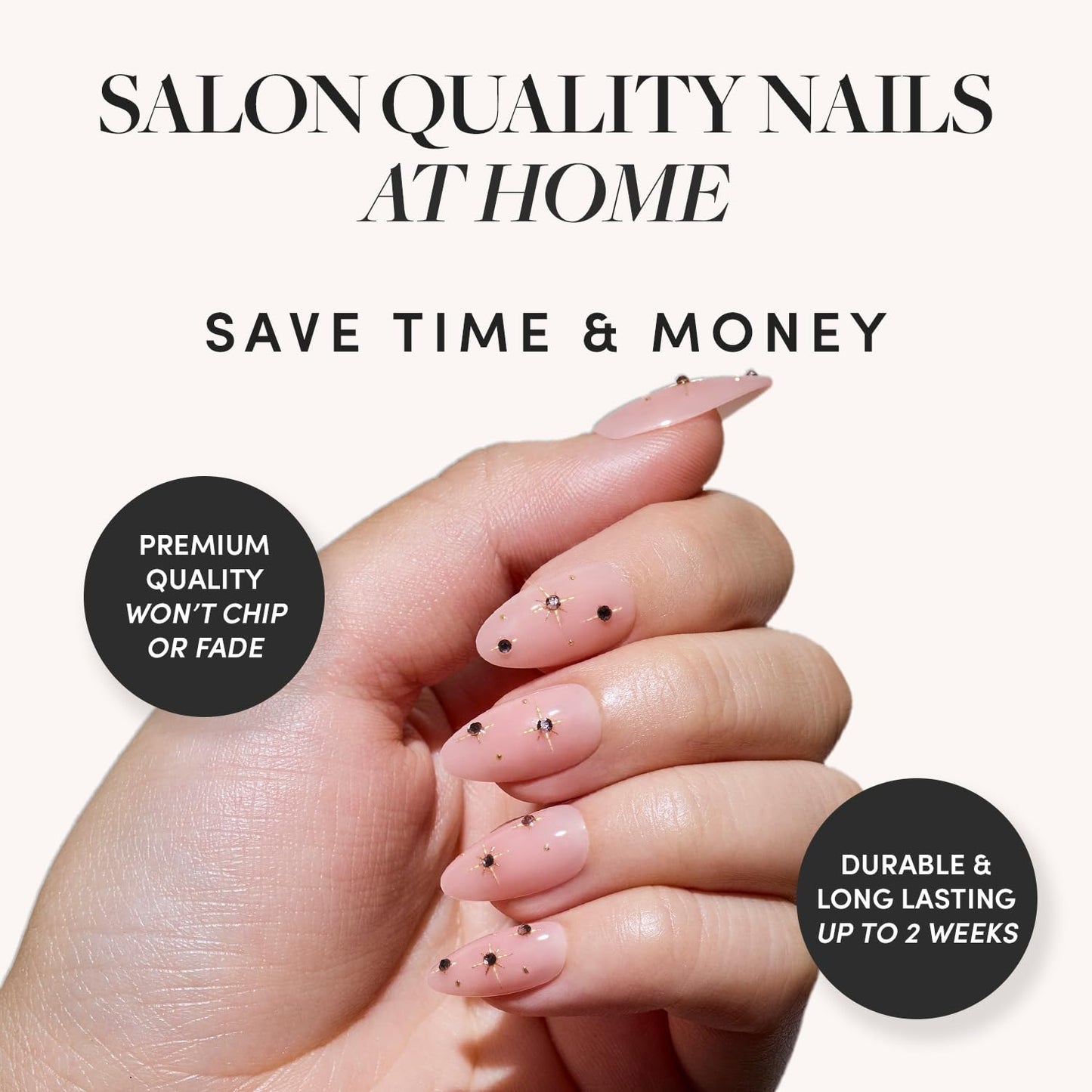 Glamnetic Press On Nails - Pink Comet | Short Almond Fake Nails in Pale Blush Pink with Lavender 3D Gems in a Glossy Finish, Salon Quality | 15 Sizes - 30 Nail Kit with Glue