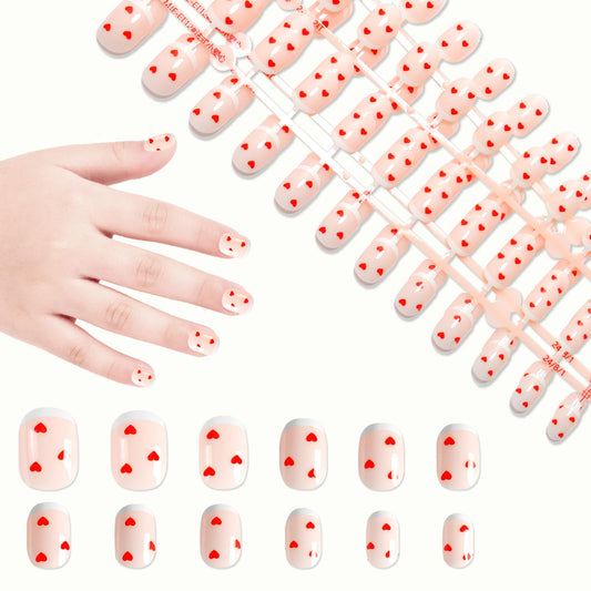 SIUSIO 120pcs 5 Pack Children Acrylic Fake Nails Press on Full Cover Short False Nail Art Kits Set Surprise Gift for Kids Little Girls Women - Red Tiny Hearts