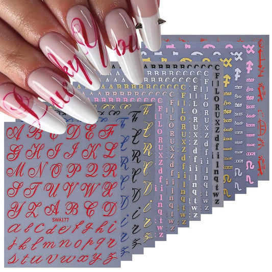 English Letter Nail Stickers Decals 14 Sheets 3D Self-Adhesive Nail Art Stickers Alphabet Uppercase and Lowercase English Words Y2K Style Gothic Design Manicure Nail Accessories for Women