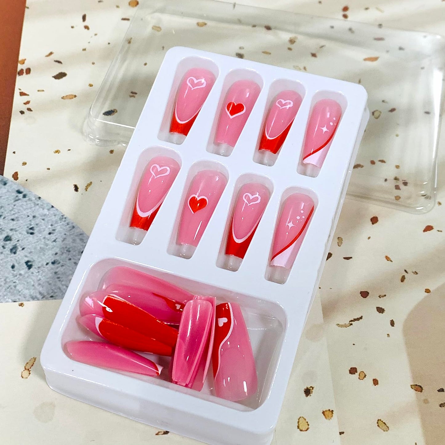 Vezocim French Tip Square Medium Press on Nails 24Pcs Glossy Full Cover Artificial Pink Fake Nails with Red Heart Designs Acrylic Coffin False Nails Glue Fingernails with Charm for Women Girls