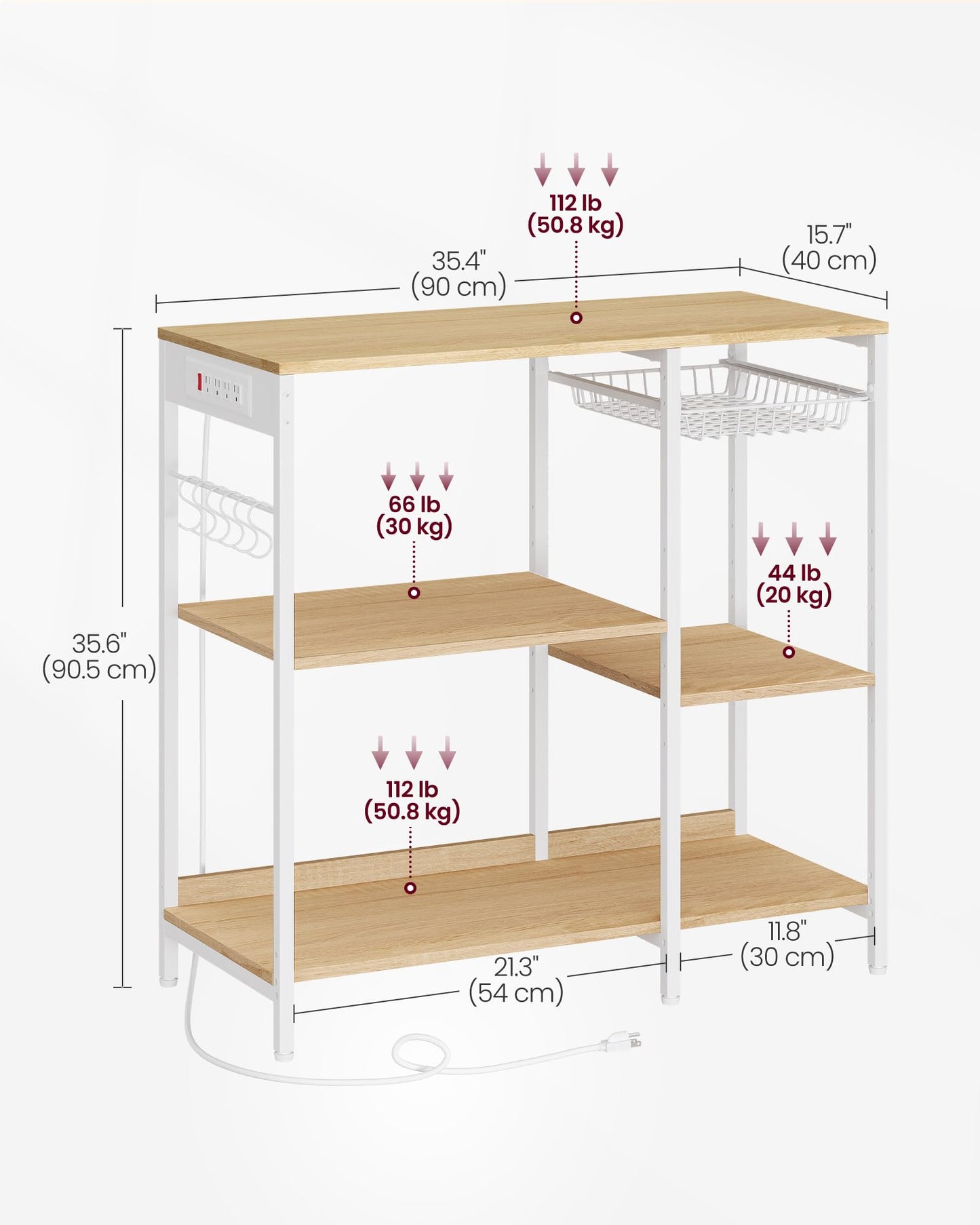 VASAGLE Baker's Rack, Coffee Bar Stand with Charging Station, 35.6 Inches Tall, Storage Shelves, Pull-Out Wire Basket, Table for Microwave, Kitchen, Oak Beige and Ink Black UKKS036Y09