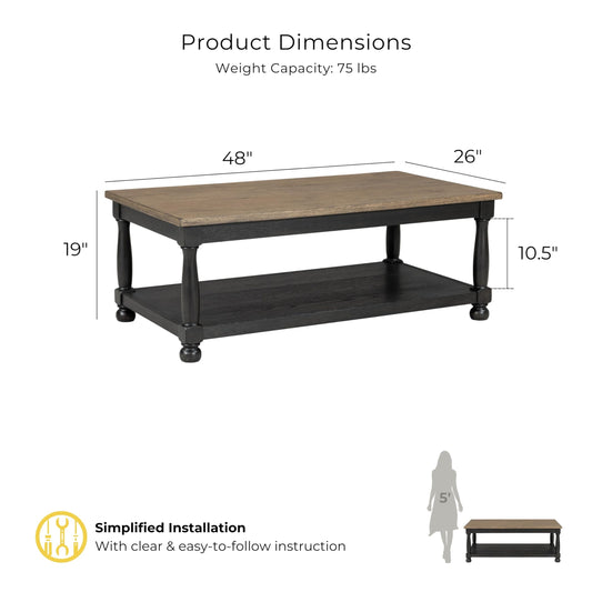 Furniture of America Narella Solid Wood 48-inch Rectangular Coffee Table with Two-Toned Design and Farmhouse Legs for Living Room, Weathered Black