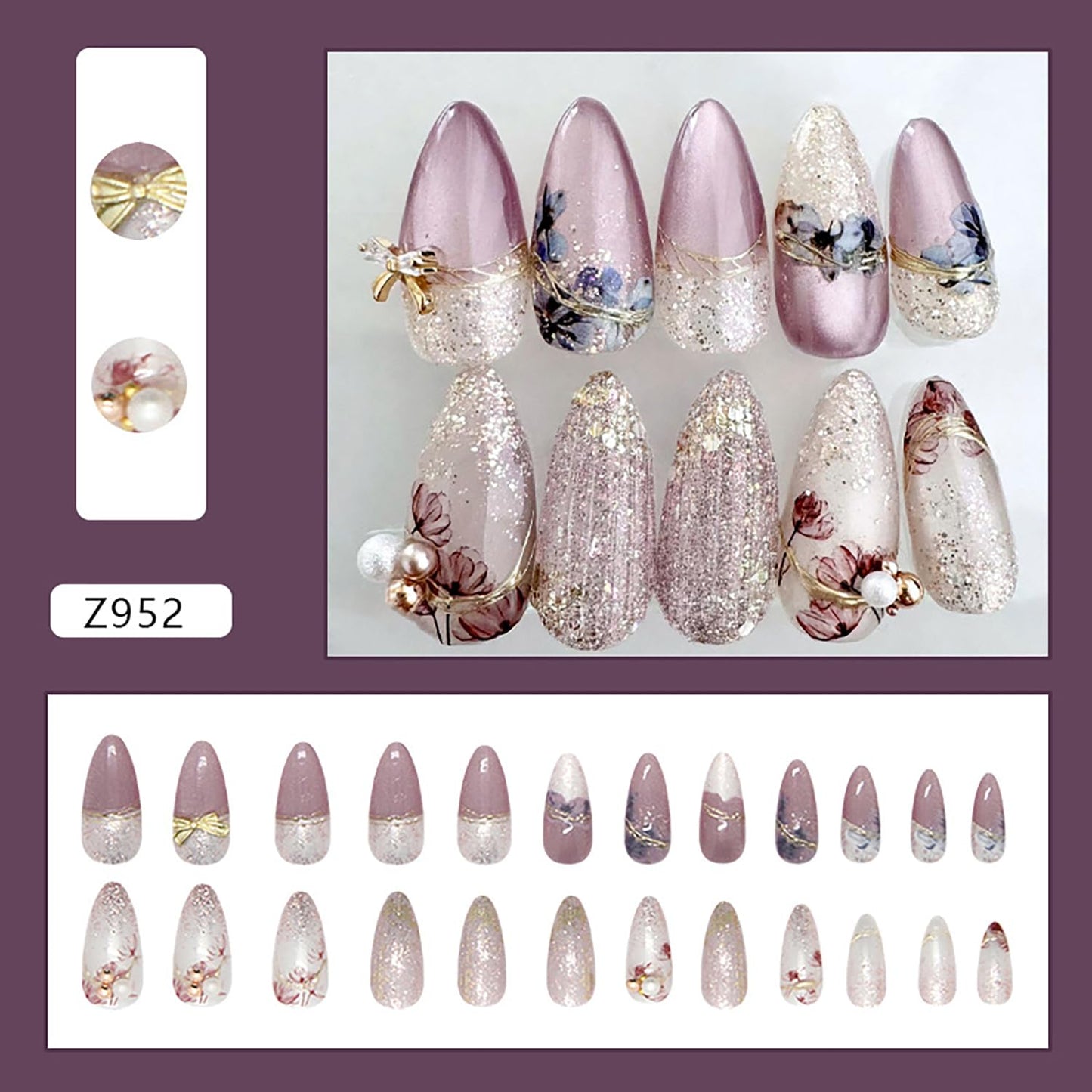 24Pcs Flower Press on Nails Medium Almond Shaped Pearl Bow Design Glitter Powder False Nail Full Cover Glossy Purple Artificial Stick on Nails Reusable 3D Floral Press Ons Glue on Nail for Women
