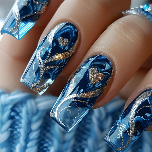 24Pcs Medium Press On Nails Square Fake Nails Press Ons With Glitter Heart Swirl Design Blue False Nails Full Cover Glossy Stick On Nails Reusable Acrylic Glue On Nails For Women Manicure Decor