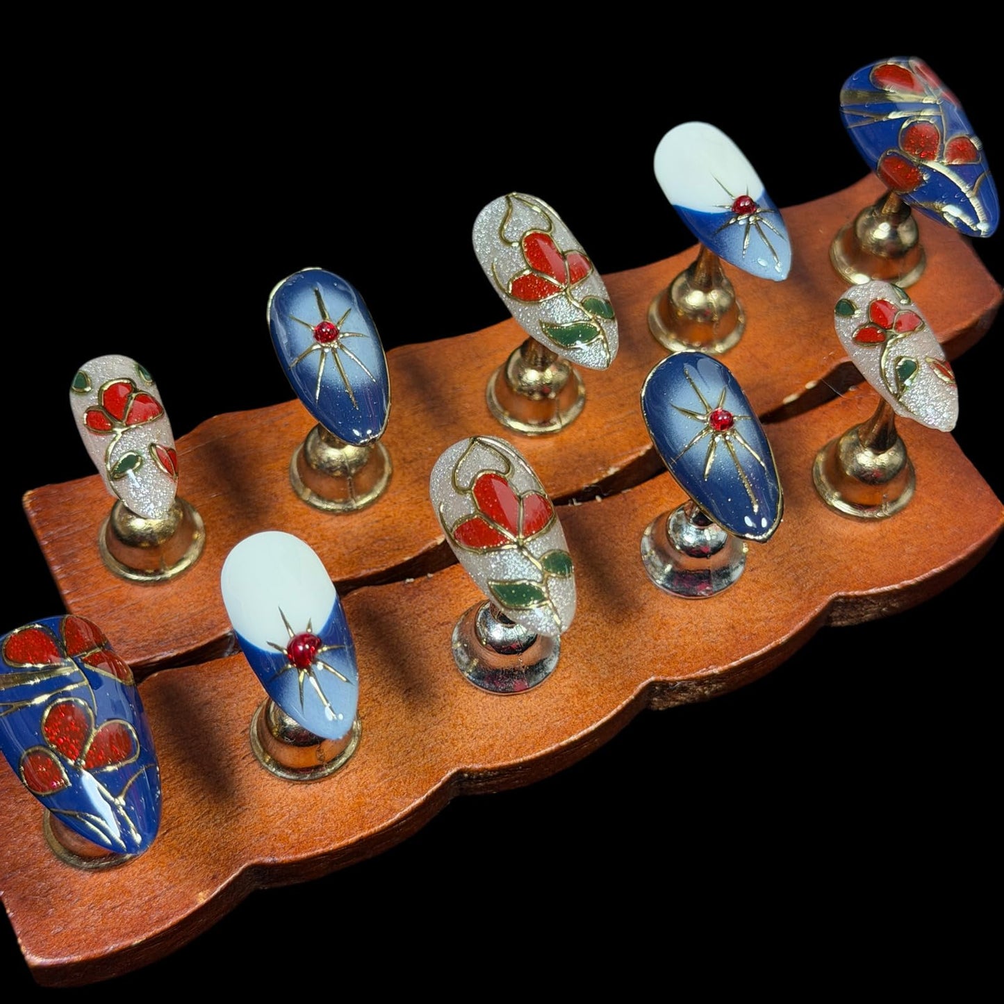 Handmade Press On Nails, Medium Almond Hand-Painted Floral Design, Luxury Blue & Red Art with Gold Outline Design, Reusable Acrylic Fake Nails Set Enamel (S)