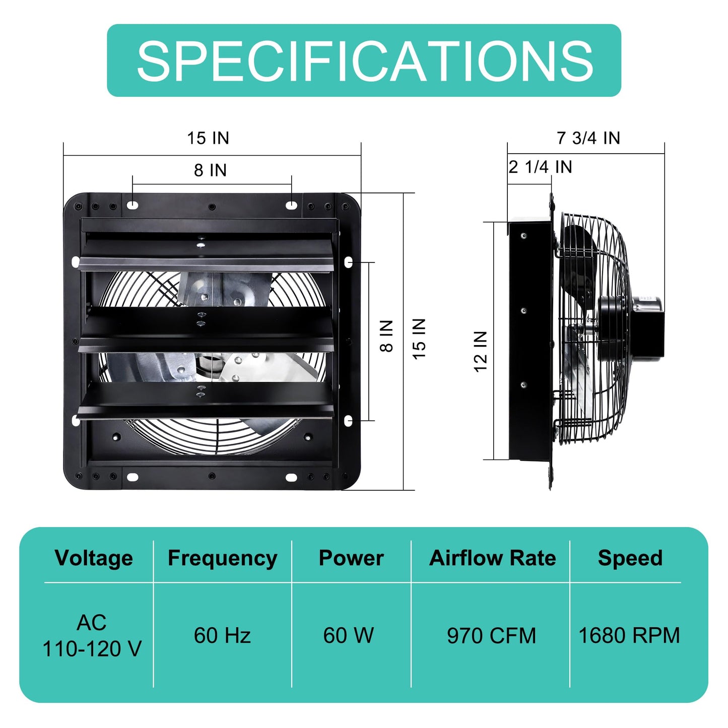 Hipoilk 12 Inch Shutter Exhaust Fan for Greenhouse, Shed, Garage, Barn, Chicken Coop Ventilation, Wall Mount Attic Fan with Speed Controller and Power Cord, 970 CFM, Black
