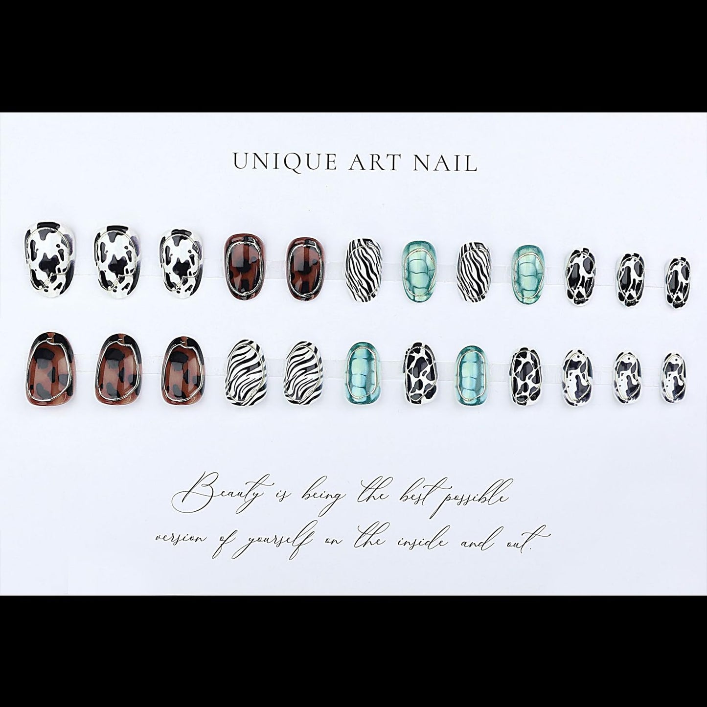 Jremg Animal Stripes Press on Nails Short Almond Fake Nails with Designs Glossy 3D Silver Circle Lines False Nails Zebra, Turtle, Leopard Glue on Nails Reusable Stick on Nails for Women 24Pcs