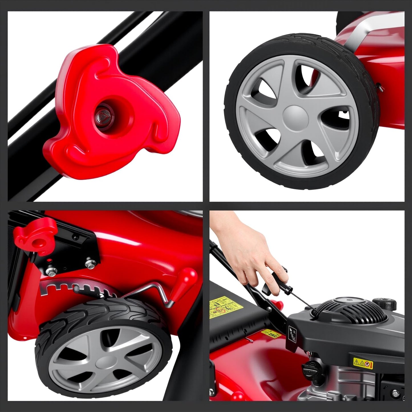 131cc Gas Lawn Mower, Self-Propelled Rear-Wheel Drive, 18 Inch Cutting Width, 50L Grass Bag, 3-in-1 Mulching/Side Discharge/Rear-Bagging, Lightweight Push-Button Start Mower for Thick Slopes Red