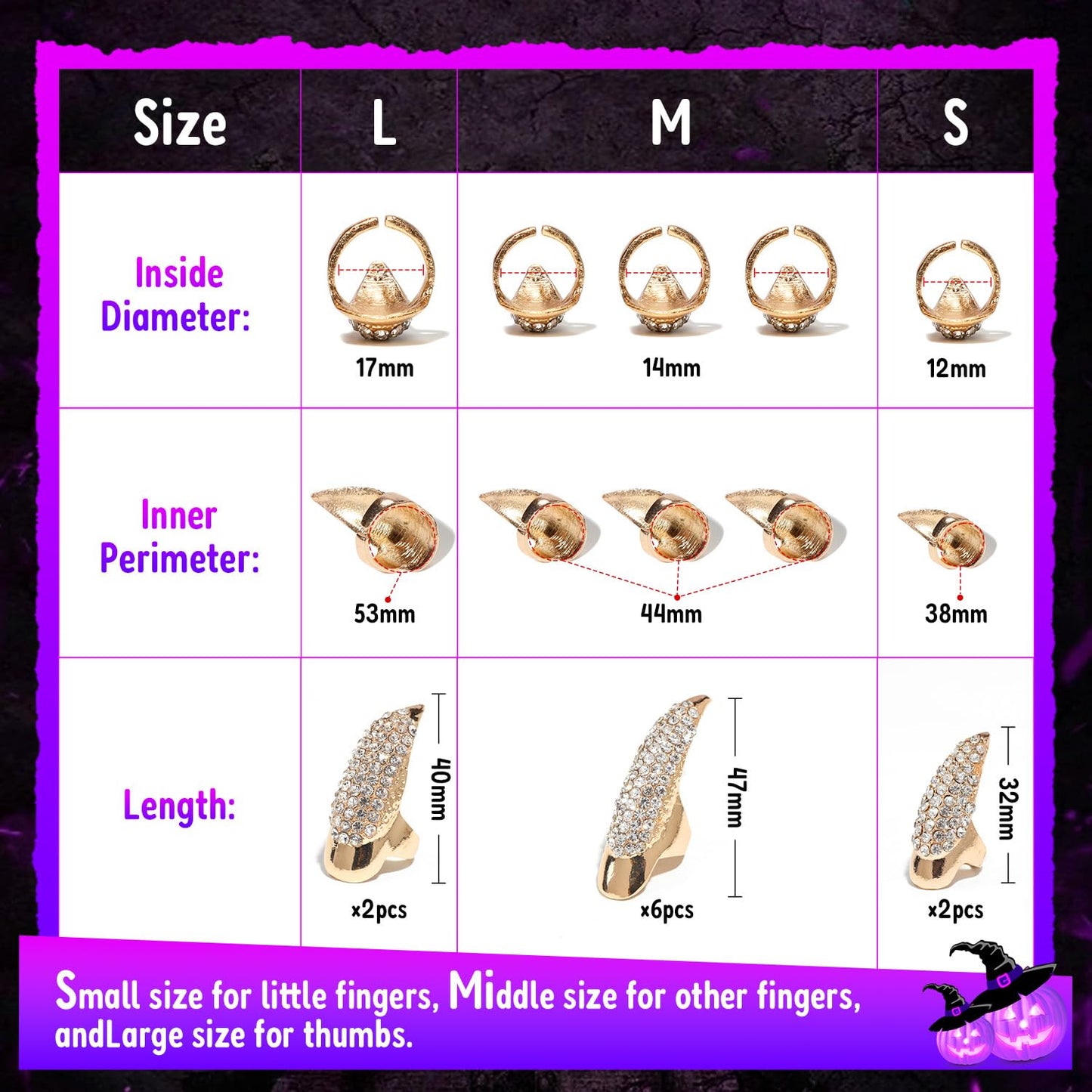 10 Pcs Gothic Punk Halloween Costume Accessories Adjustable Claws Ring Set, 3 Sizes Fake Nails Crystal Full Finger Rings for women Men Nail Art Vampire Cat Wolf Cosplay Party (Golden)