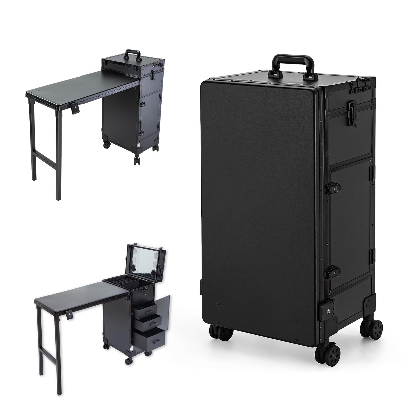 Gdsshuhung Rolling Manicure Table with LED Mirror, Foldable Nail Desk on Wheels with Drawers, Portable Mobile Workstation for Nail Technicians Travel (Black)