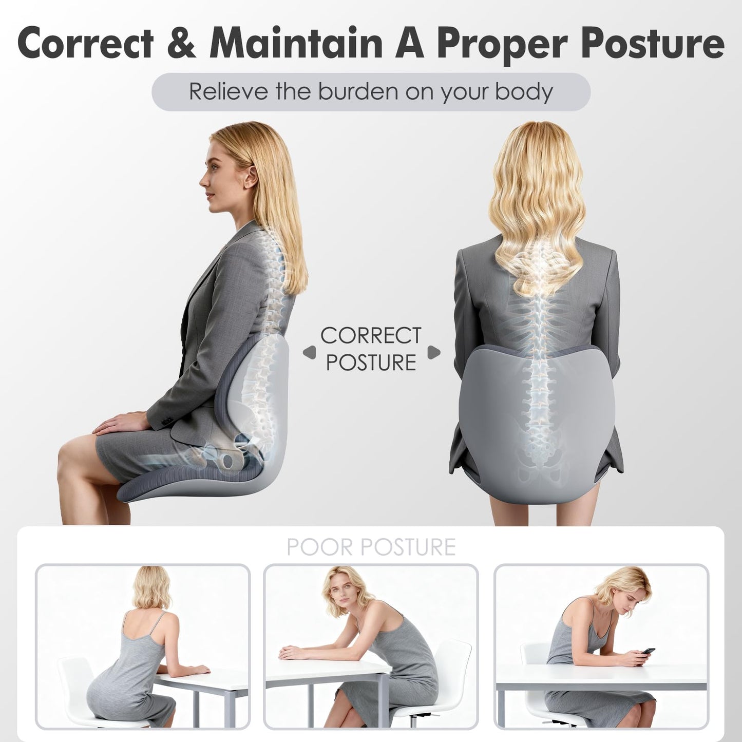Civa Ergonomic Back Support Seat for Chair and Long Sitting, Full Back, Hip and Thigh Support with Structured Lumbar System and Extra-Thick Memory Foam for Pain Relief and Reduced Sitting Discomfort