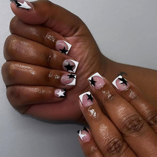 IMSOHOT Press on Nails Short Square Fake Nails Black White French Tips False Nails with Cute Star Designs Full Cover Glitter Artificial Glue on Nails for Women DIY Nail Art