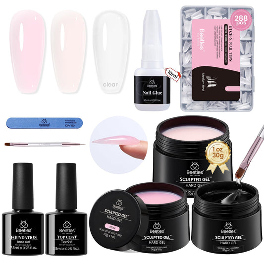 Beetles Hard Gel Nails Kit,3 Colors Clear Nude Pink Sculpted Gel Nail Extension Sculpting High Hardness for Salon Pros Women,Nude Pink & Clear Builder Nail Gel with Medium Oval Tips UV & LED Cured