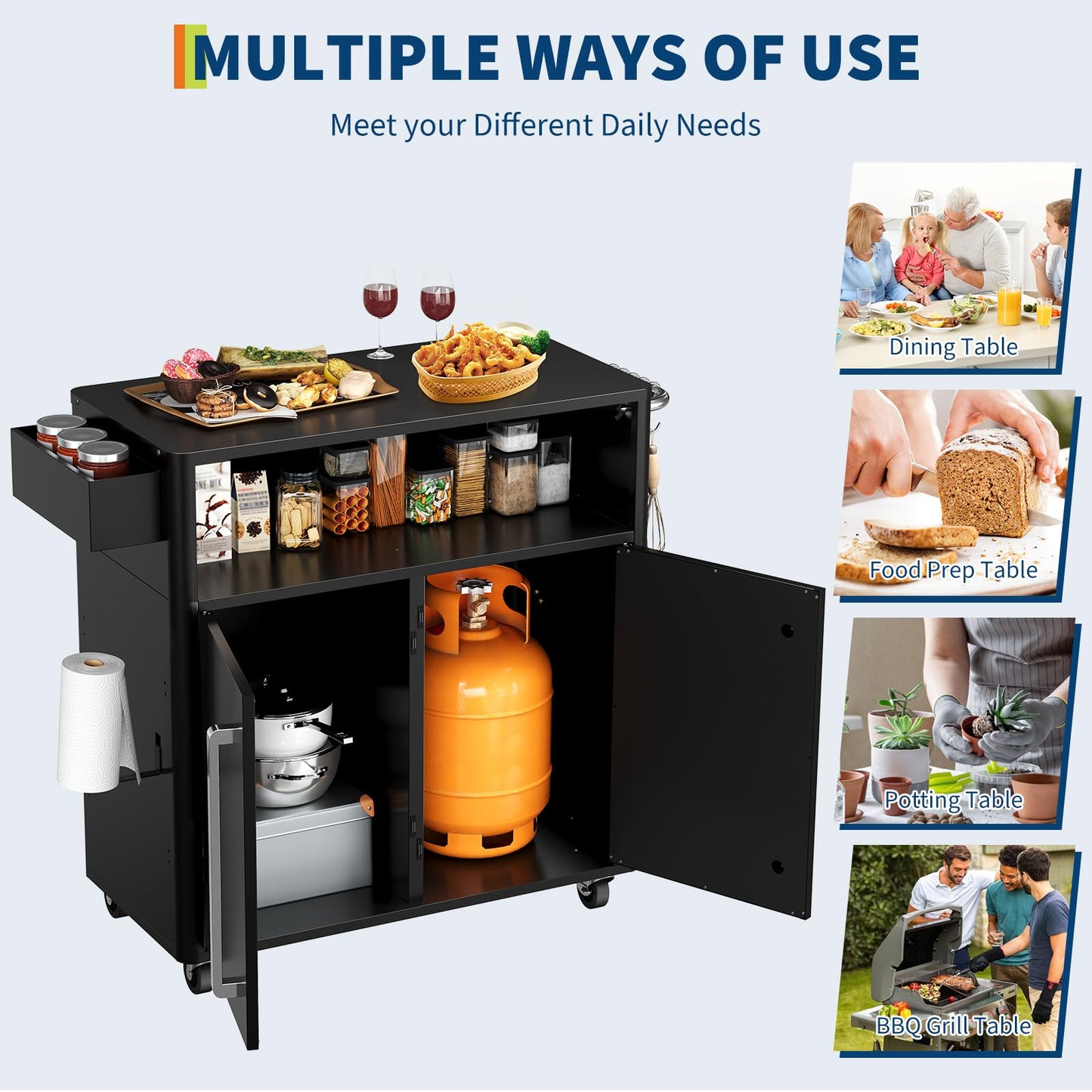 Garvee Grill Table, Outdoor Grill Cart with Storage Cabinet, Kitchen Cart Island Multifunction Food Prep Table Stainless Steel Surface, Outside BBQ Backyard Include Hooks Spice Rack