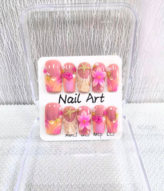 Handmade Press on Nails Medium Square Fake Nails Pink French Tip with 3D Flower Designs Beach luxury Glossy Cute Acrylic Nails for Women 10pcs (Size M）