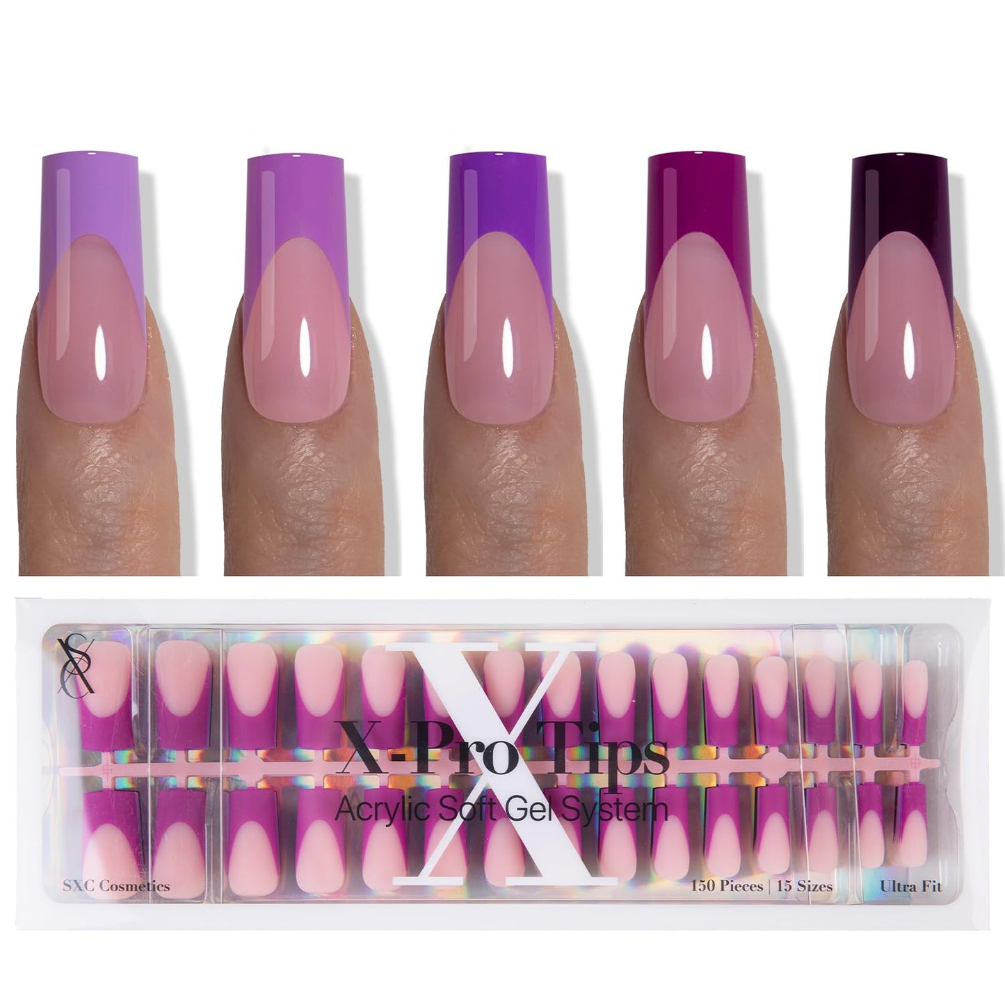 SXC Cosmetics French Tip Press On Nails 150 Pieces in 15 Sizes Ultra Fit with Pre-applied Tip Primer and Base Coat, No Need to File Fake Nails for Nail Art DIY X-Pro Tips (5PURPLE117-M Square)