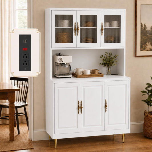 AUN Metal Pantry Cabinet with Charging Station - 68" Multi-Scene Storage Cabinet for Kitchen, Coffee Bar, Dining Room | Adjustable Shelves & Soft-Close Doors,White