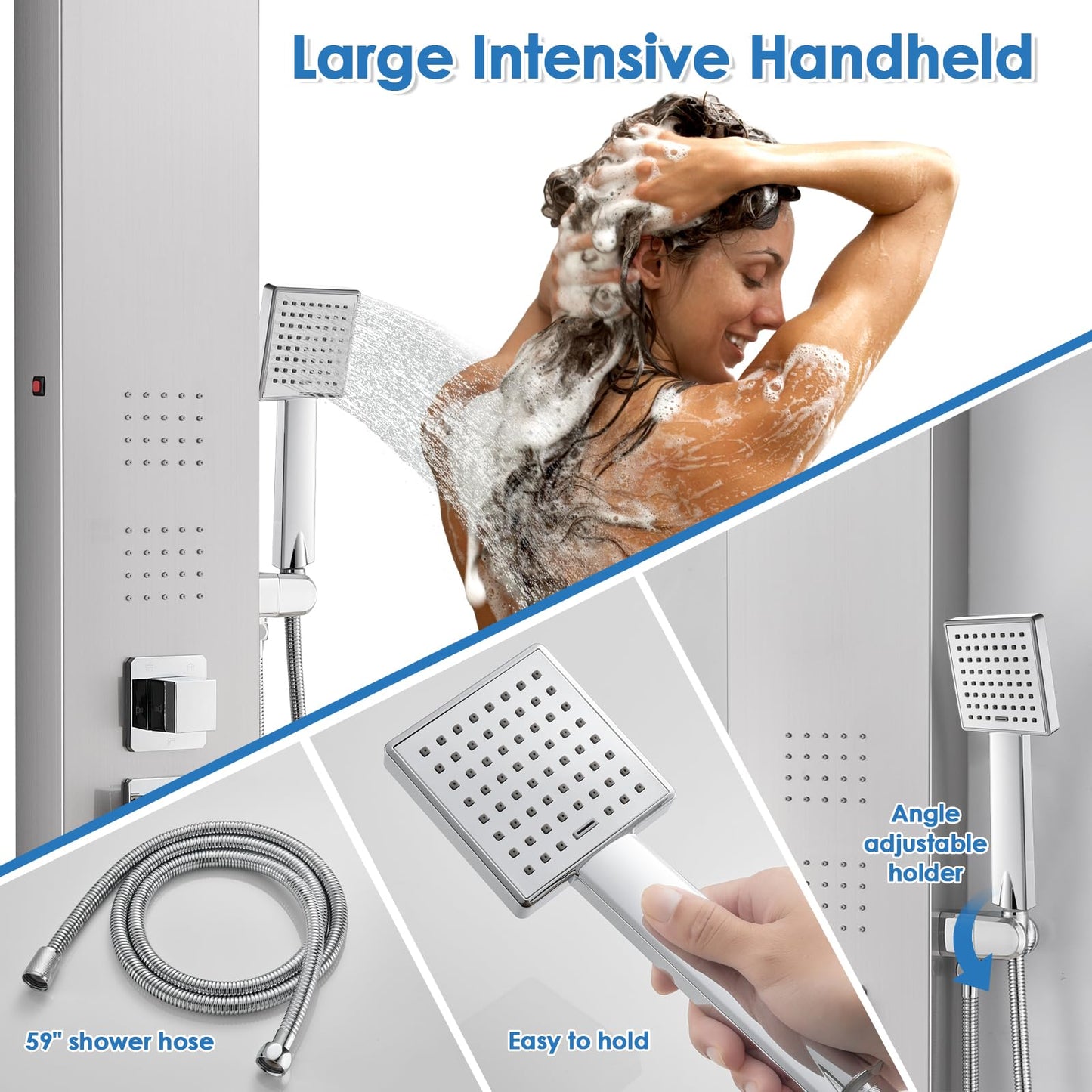 ROVOGO LED Shower Panel Tower System 46.5", 5-Function Shower Column with Rainfall Waterfall Shower Head, 4 Body Jets, Handheld and Tub Spout, Stainless Steel Brushed