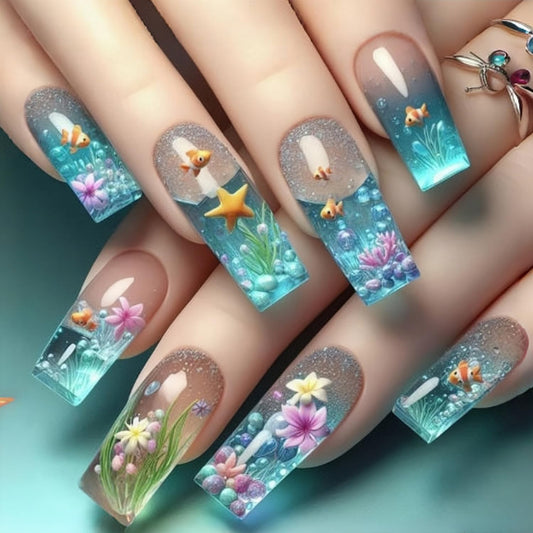 Press on Nails Long Square Blue Ocean Acrylic False Nail Starfish Flower and Fish Pattern Design Full Cover Glossy Artificial Fingernails Square Stick on Nail Reusable Glue on Nails for Women 24Pcs