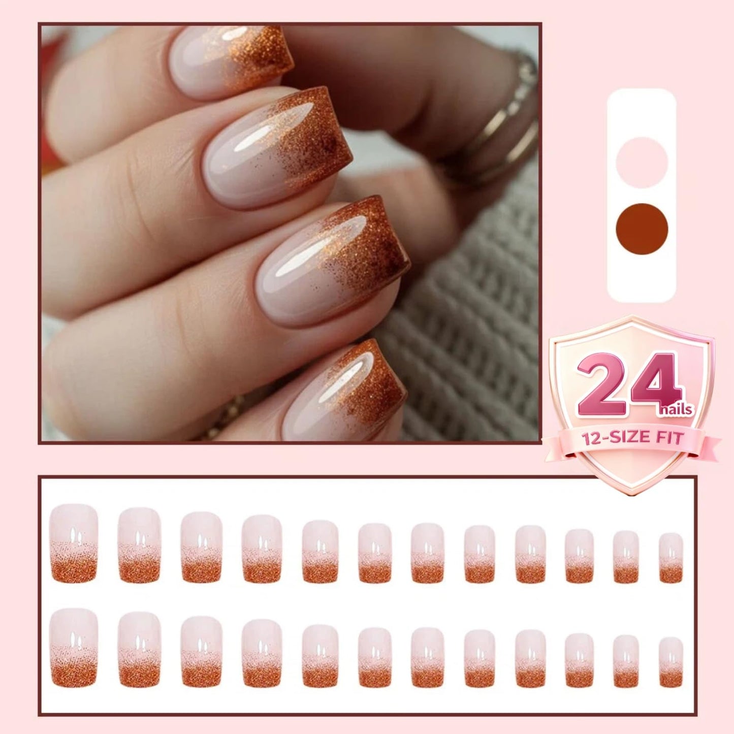 Elegant Nude Press-On Nails with Copper Glitter Tips, Square Shape, Glossy Finish, Easy to Apply, Salon Quality, Durable False Nails for Women – 24PCS