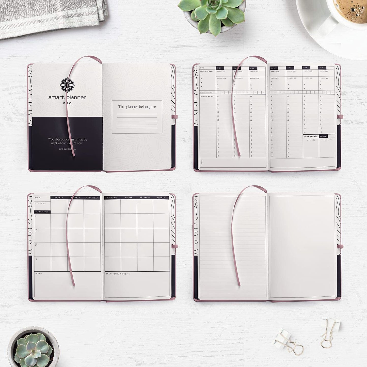 Smart Planner Pro – Undated Daily Planner – Small A5 – Achieve Goals & Increase Productivity – Weekly, Monthly, Work Sections, Organizer Diary with Back Pocket, 3 Satin Bookmarks & Pen Holder