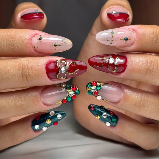 plalely Almond Press on False Nails Long Christmas Press on False Nails Sparkly Xmas Glitter with 3D Charm Christmas Stick on Nail Tips for Women 24pcs