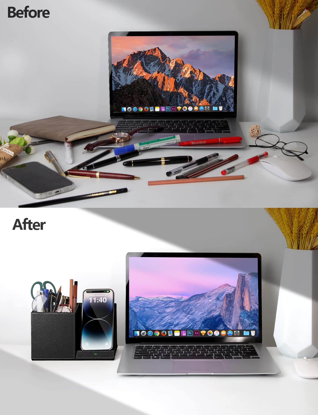 Desk Supplies Organizer, Multi-Functional Pencil Pen Holder with Wireless Charger, Desktop Stationery Organizer, Home Office Supply Storage Box Caddy (Black)