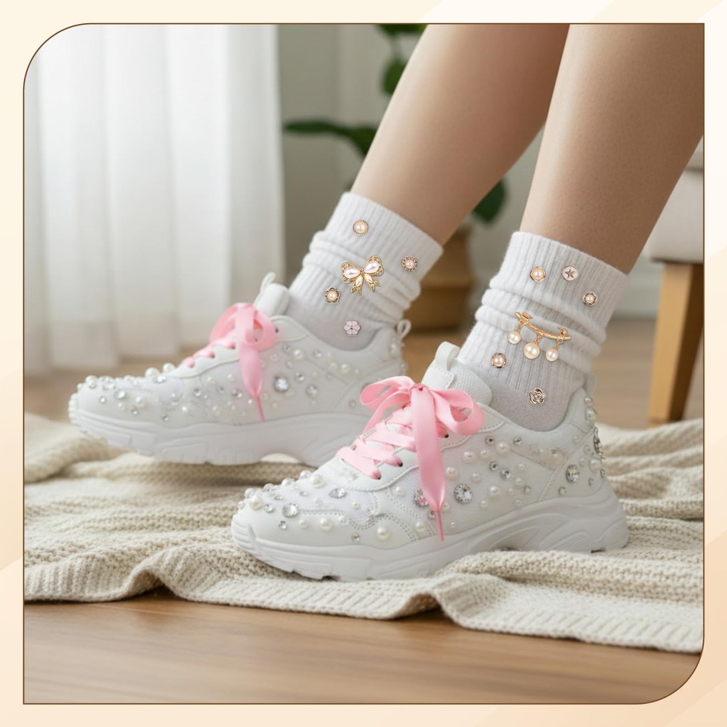 FineCheer 1505 Pcs Junk Socks Charms Kit Gold Brooches and Pins for Women, Pearl Patch Shoelaces Rhinestone Sock Charms with Safety Pins DIY Rhinestone for Clothe Hat Scarf Shawl Decoration