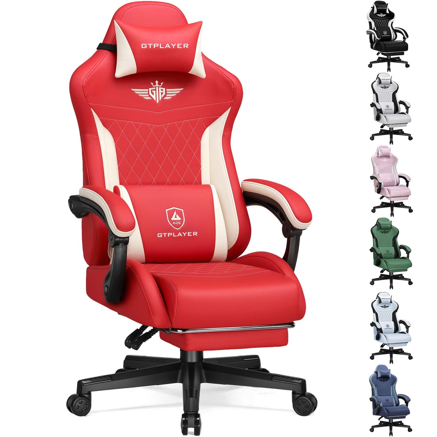 GTPLAYER Gaming Chair with Footrest, Big and Tall Game Chair High Back Computer Office Chair with Lumbar Support for Adults, Ergonomic Swivel Games Chair with Cushion Gaming, Leather Red