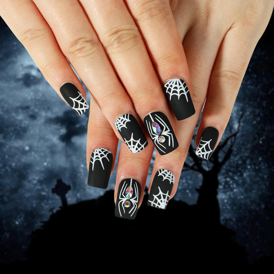Halloween Press on Nails Short Fake Nails Full Cover Cute False Nails with Skull Designs Acrylic Nails Dark Glossy Stick on Nails for Women Girls Party DIY Manicure or Nails 24pcs