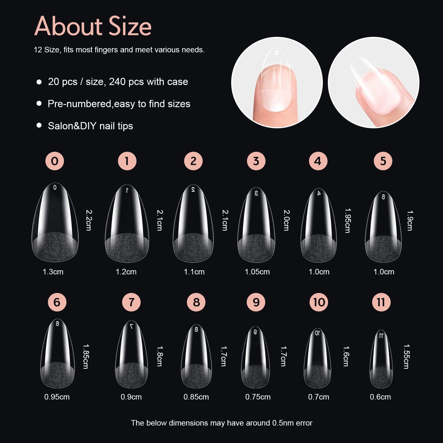X&D Short Nail Tips Pre-buff PMMA Ultra Thin False Nails, 240pcs Soft Gel Full Cover Fake Almond Nail Tips Soak Off X Gel Nail Extensions in 12 sizes