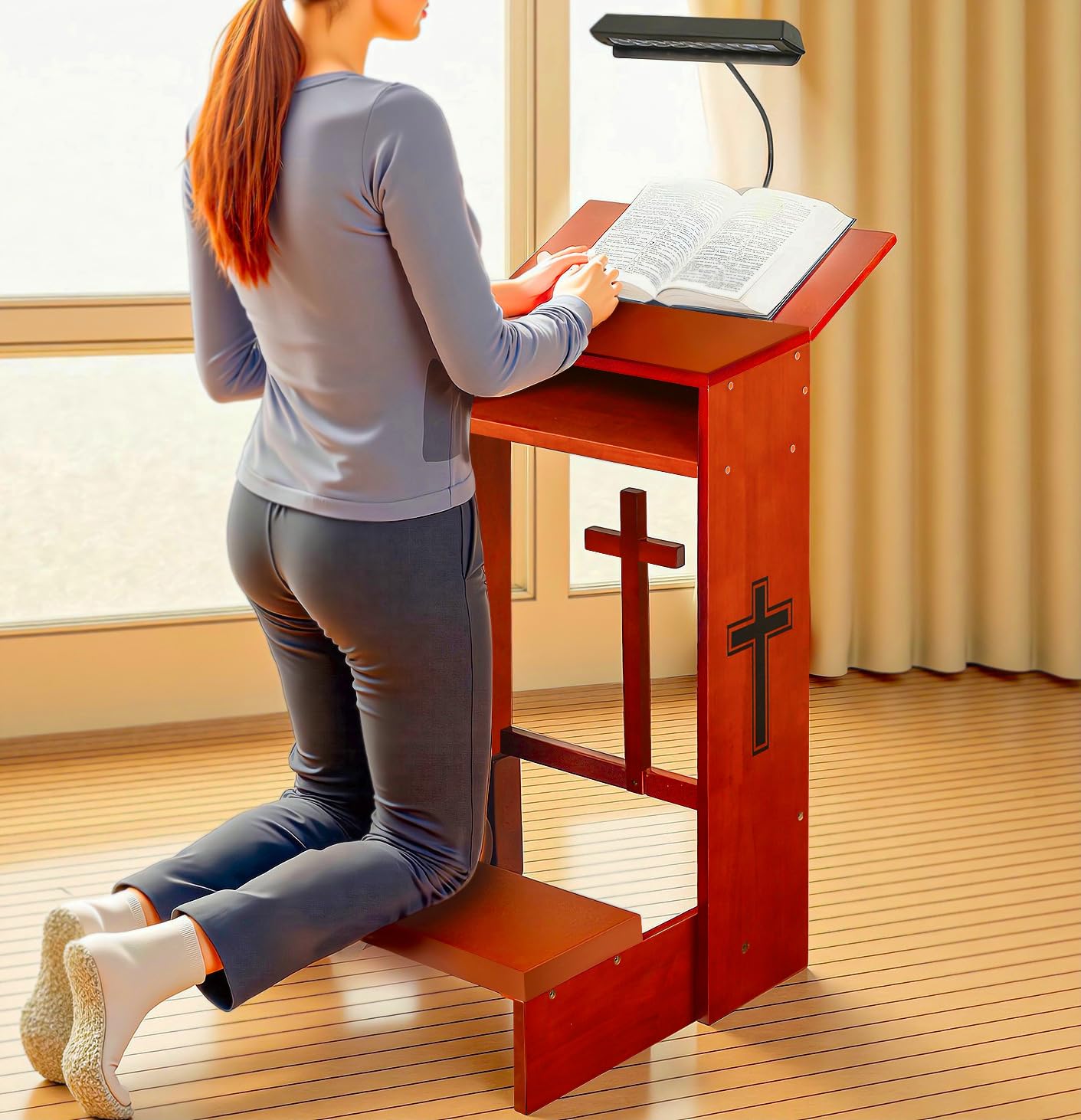 Prayer Bench Stool with LED Lamp, Table Chair Padded Kneeler Shelf Folding Wooden Church