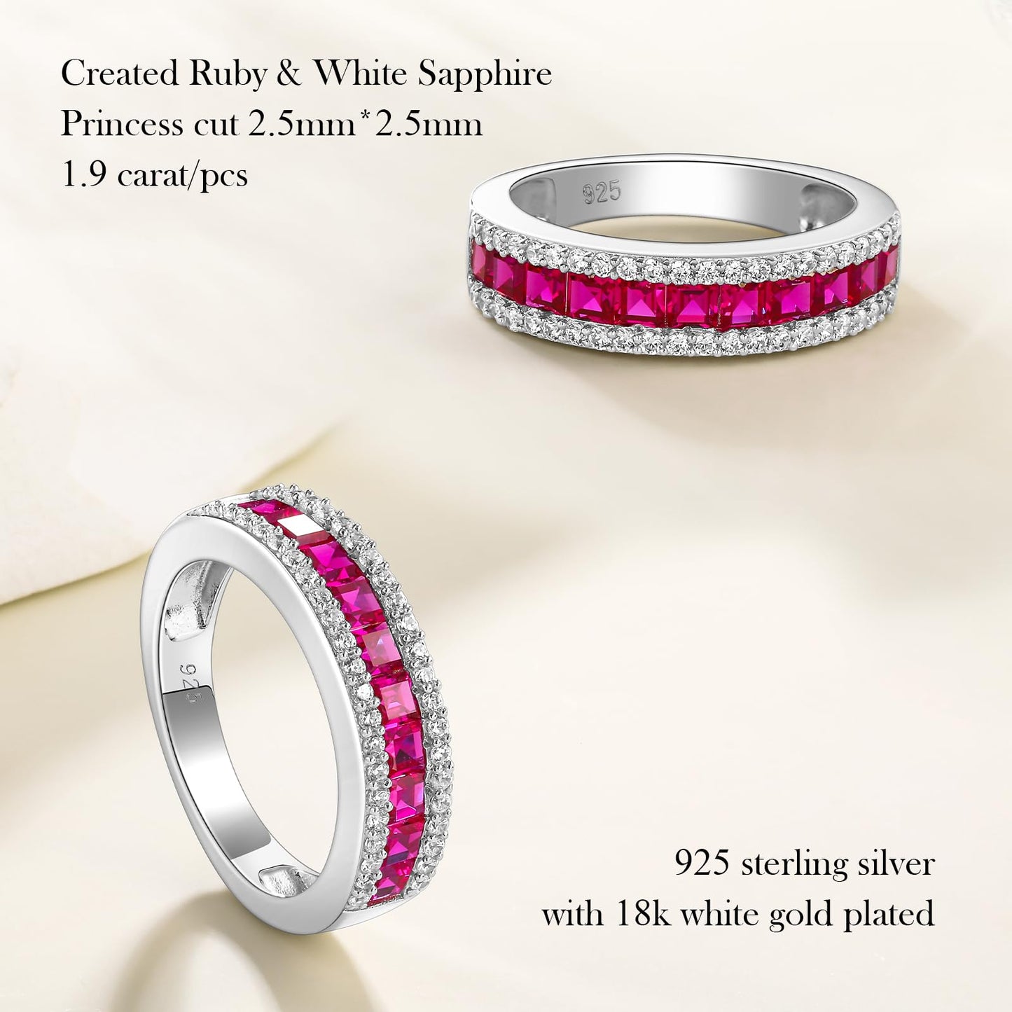 RANDES Ruby Ring Bands for Women Thick Channel Set Eternity Band 925 Sterling Silver Red Stone 5mm Wide Wedding Engagement Ring Size 7