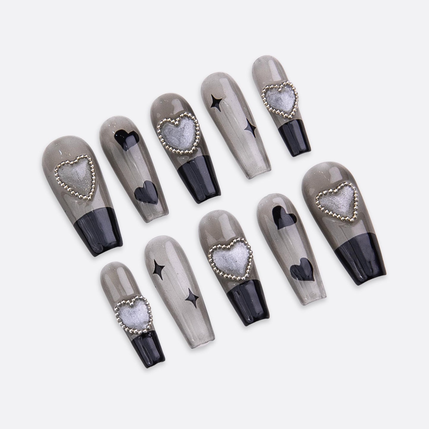 SIYOU Beauty | Starlit Love | Grey and Black Glitter Romantic Long Coffin Press On Nails for Women (Medium) - Reusable, Salon-Quality Fake Nails (10pc)