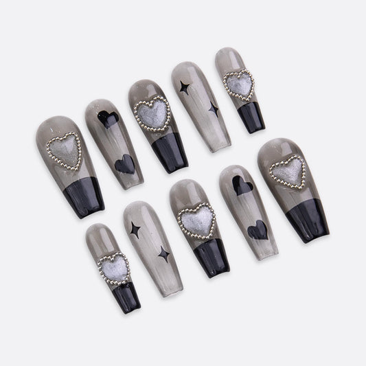 SIYOU Beauty | Starlit Love | Grey and Black Glitter Romantic Long Coffin Press On Nails for Women (Medium) - Reusable, Salon-Quality Fake Nails (10pc)