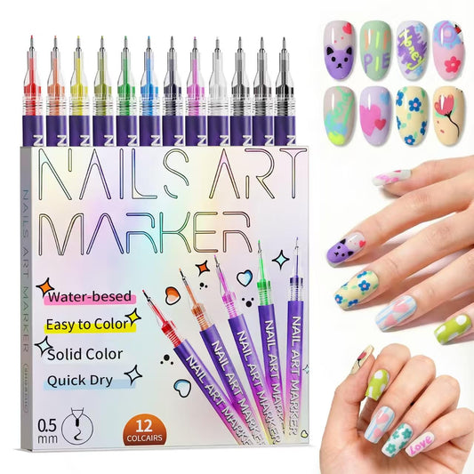 12 Color Nail Art Pens Set, Nail Art Markers & Nail Polish Pens with 0.5mm Fine Tip for Quick-Dry Graffiti, Dotting, Drawing, Painting, Liner - Professional DIY Home Salon Manicure Tools
