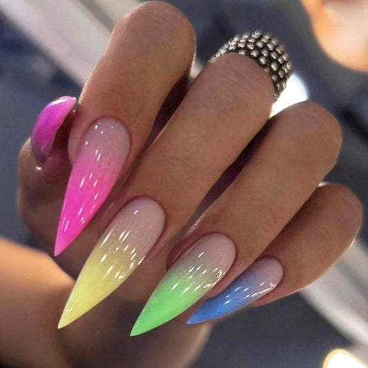 MERVF Long Stiletto Press on Nails Colorful Ombre French Tip Glue ons Dopamine Design Almond Acrylic Fake Summer False Nail for Women Glossy 24pcs